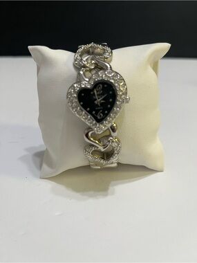 XOXO Silver Heart Crystal Bracelet Watch with Black Dial
